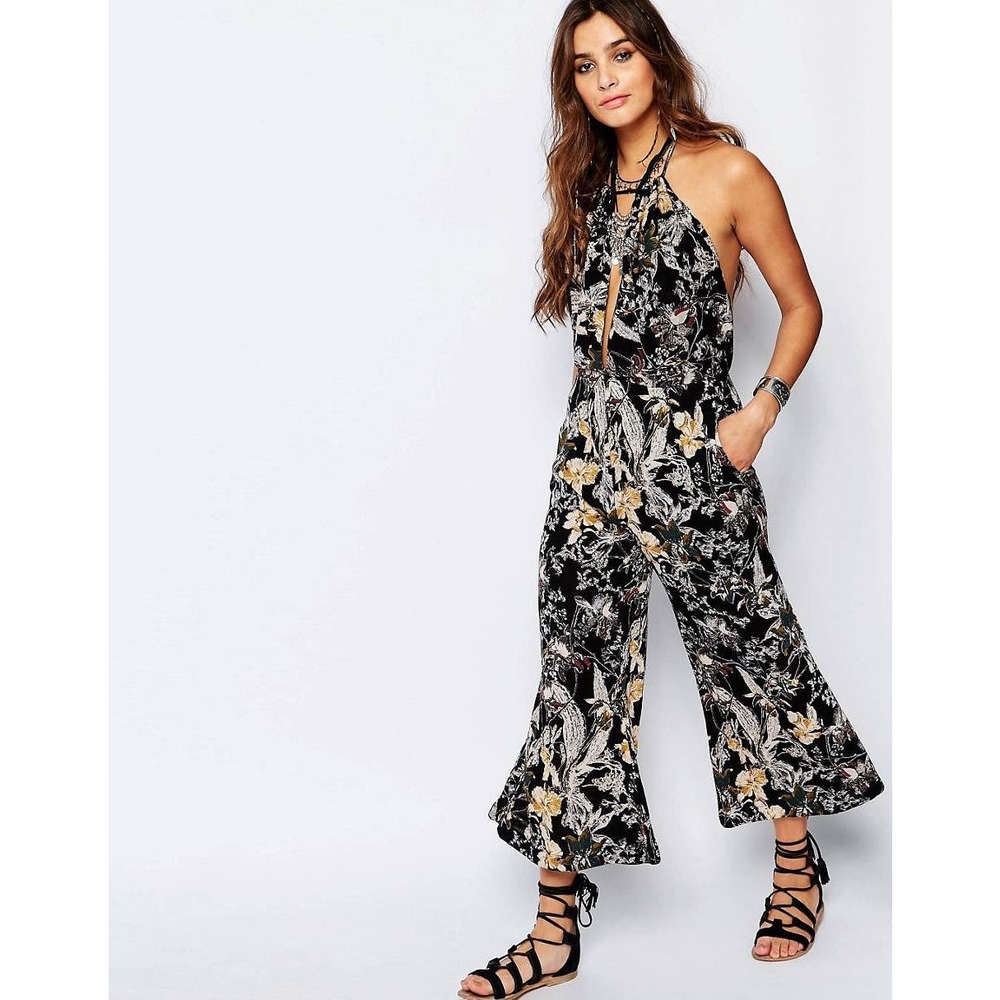 Free People Black Floral Print Halter Jumpsuit Size 8